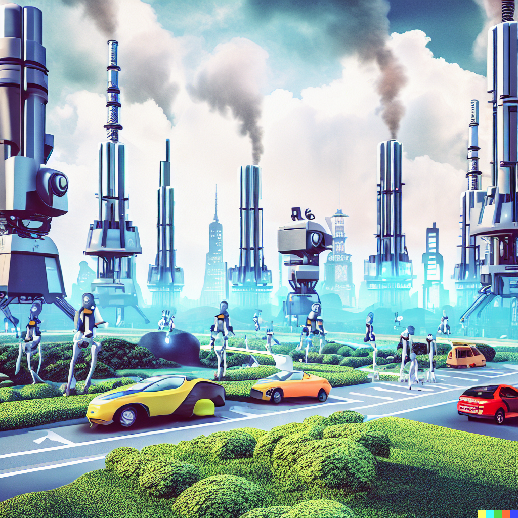 ville futuriste entre robots et voitures futuristes